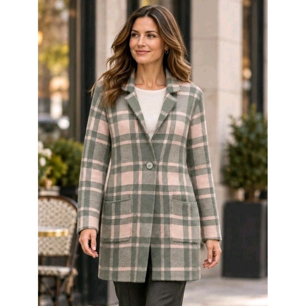 Christian Siriano Womens Large Plaid Knit Cardigan Blazer Jacket Preppy Academia